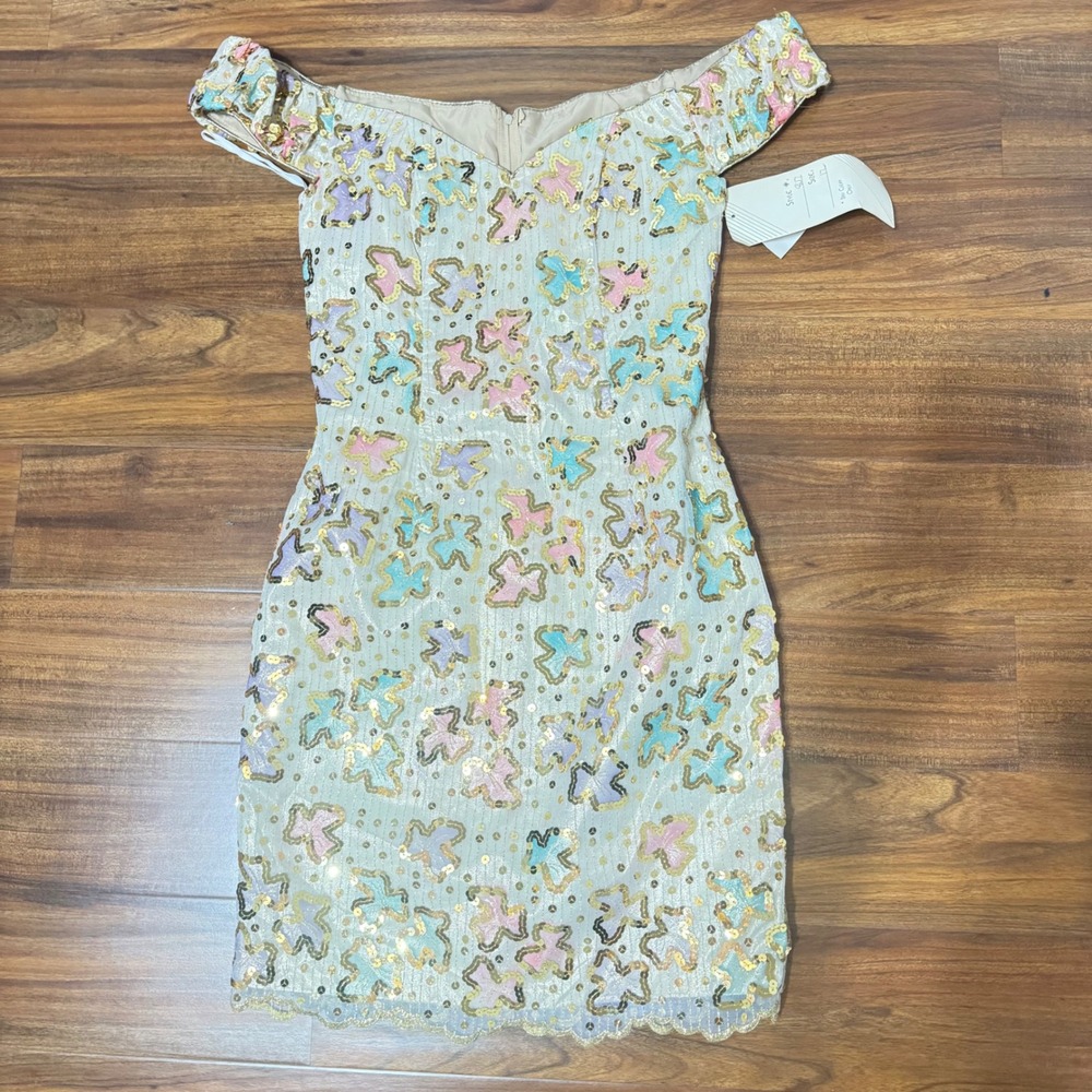 Daniella VTG 80s Gold Sequin Butterfly Off Shoulder Mini Dress 807 Size 12 NWT